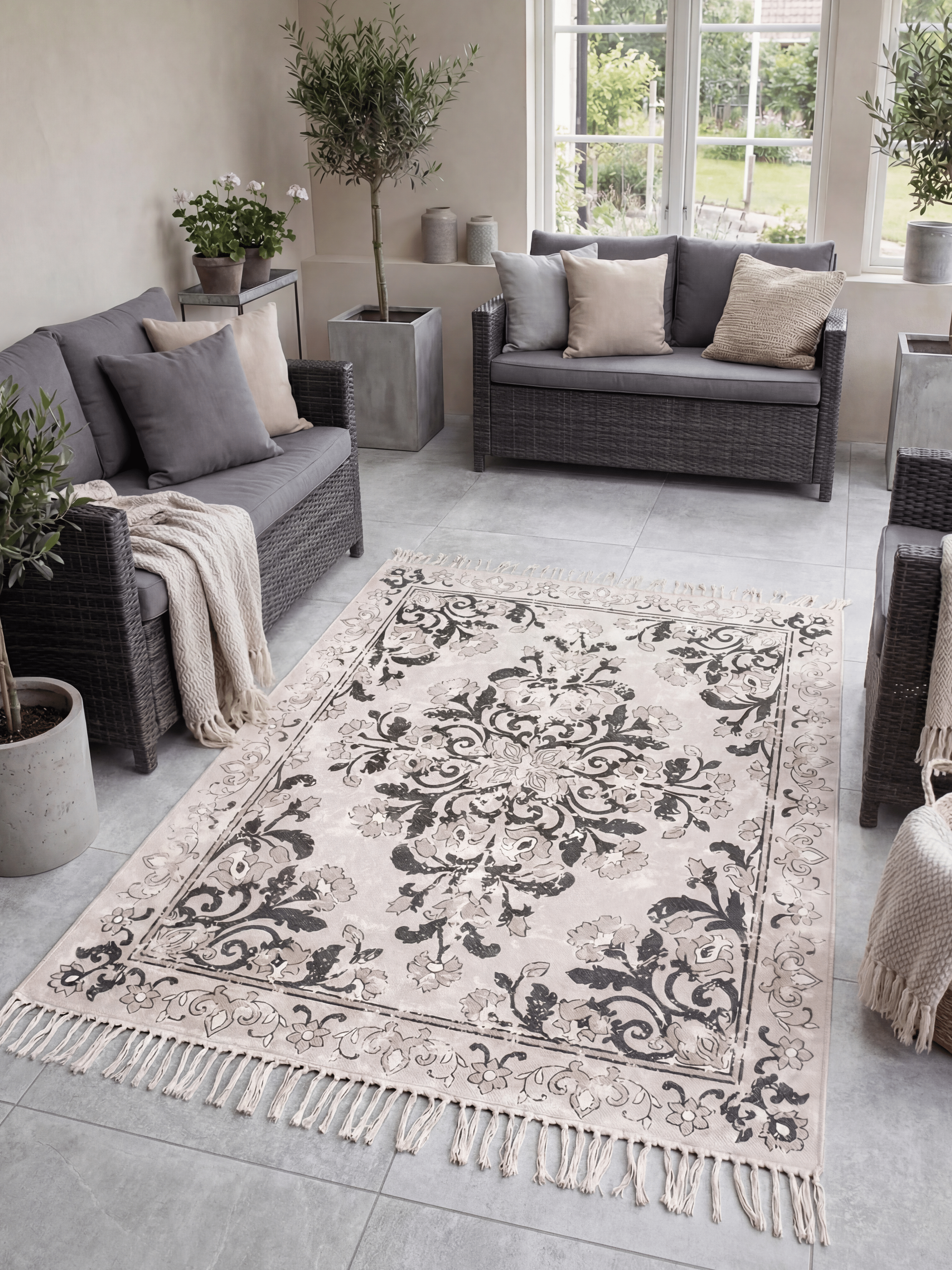 Kew Antique Printed 160x230cm Grey Rug with Tassel - Esselle Home
