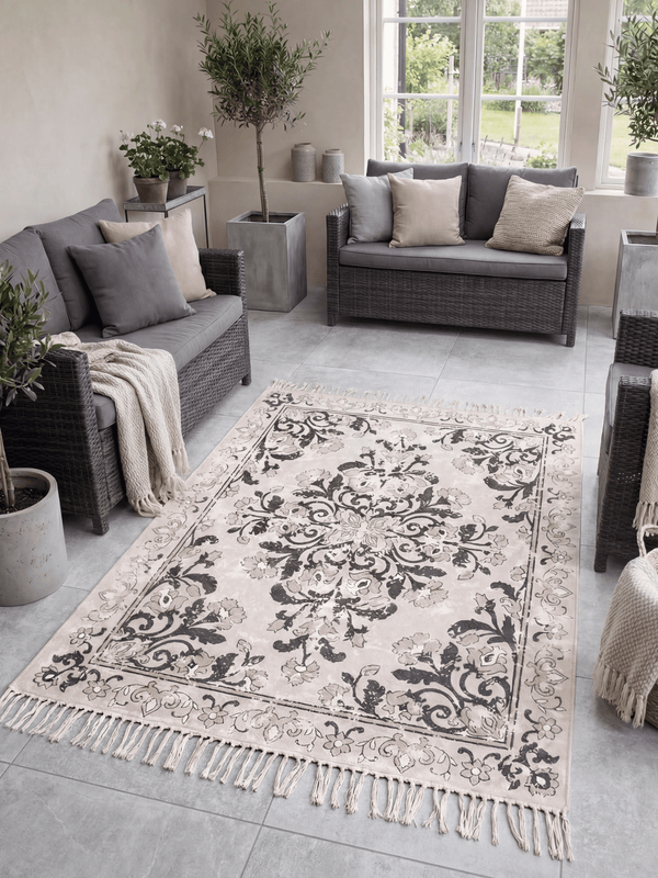Kew Antique Printed 160x230cm Grey Rug with Tassel