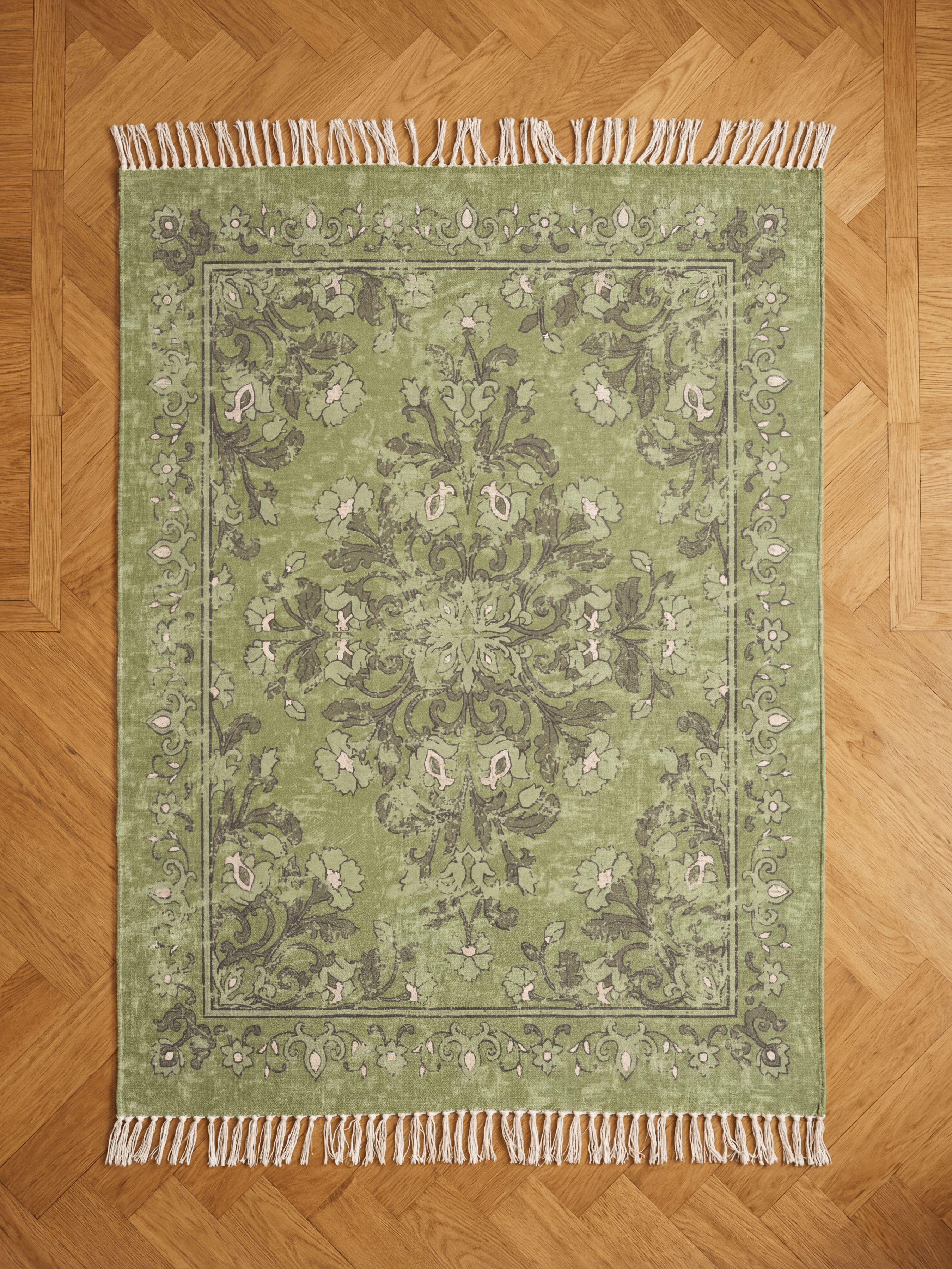 Kew Antique Printed 160x230cm Olive Rug with Tassel - Esselle Home