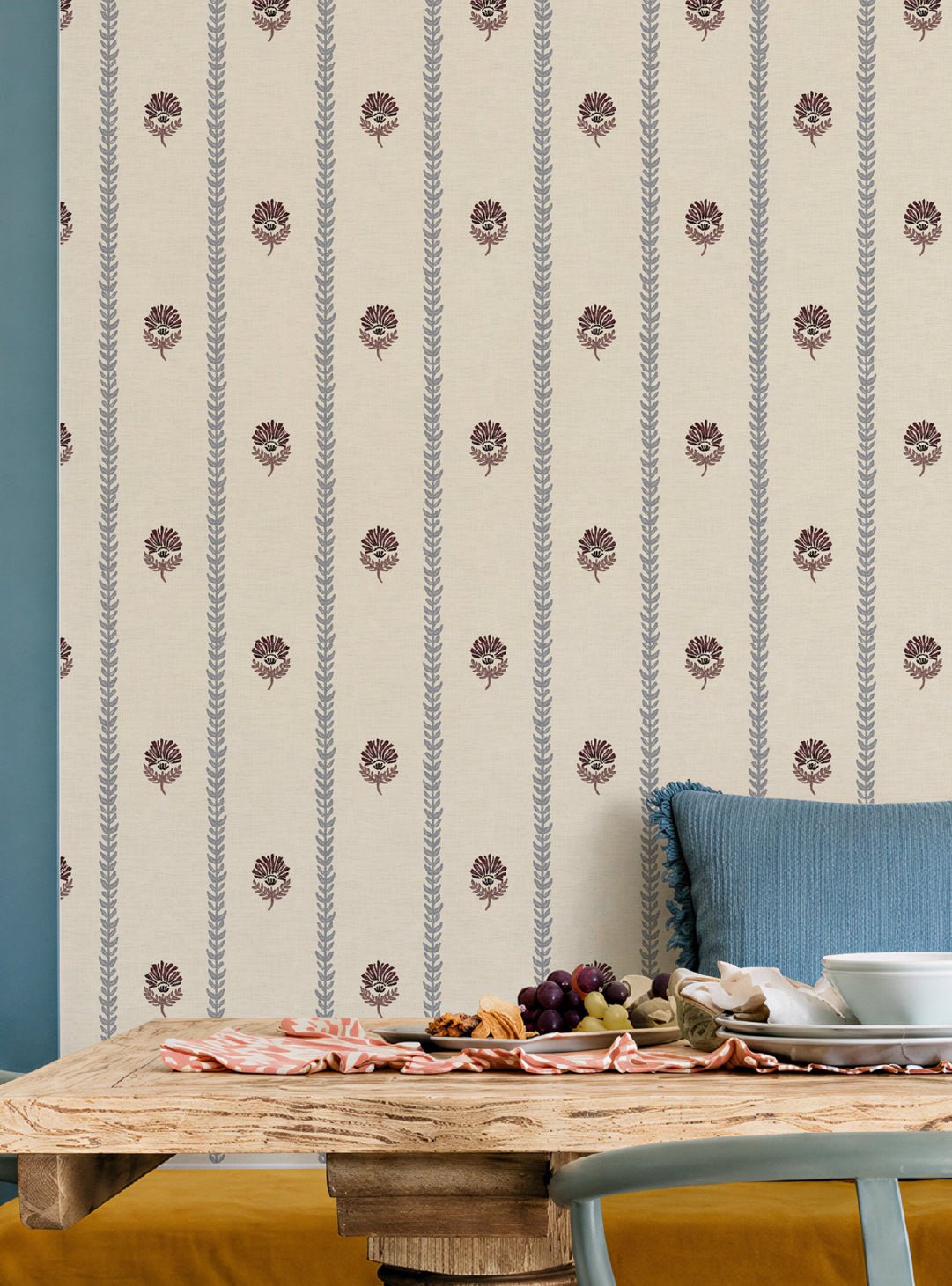 Thistle Trail Stripe Blue & Burgundy Wallpaper - Esselle Home