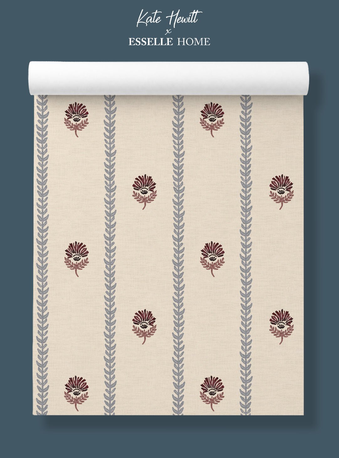 Thistle Trail Stripe Blue & Burgundy Wallpaper - Esselle Home