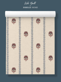 Thistle Trail Stripe Blue & Burgundy Wallpaper - Esselle Home