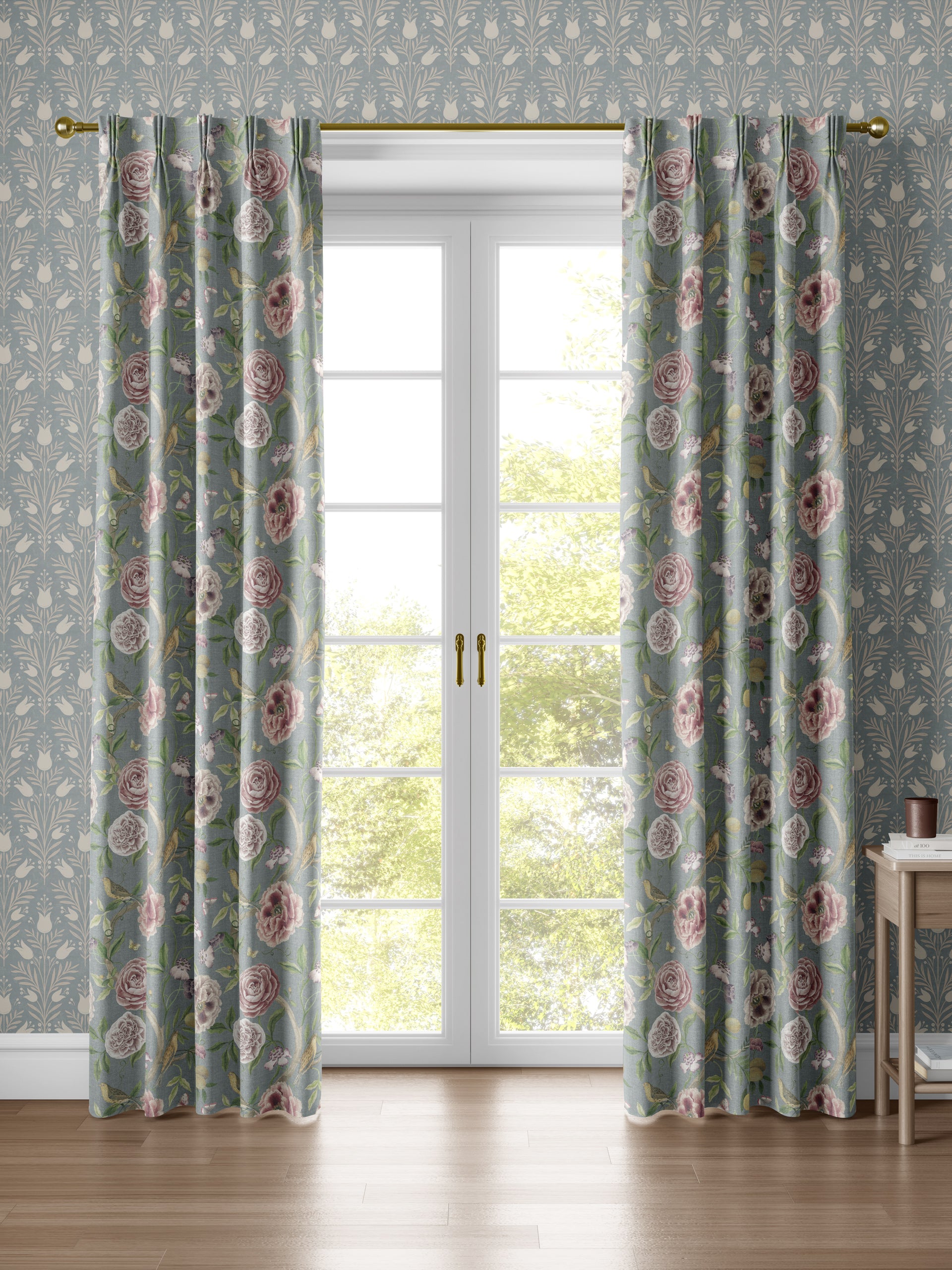 Chinoiserie Garden Slate Blue Fabric - Esselle Home