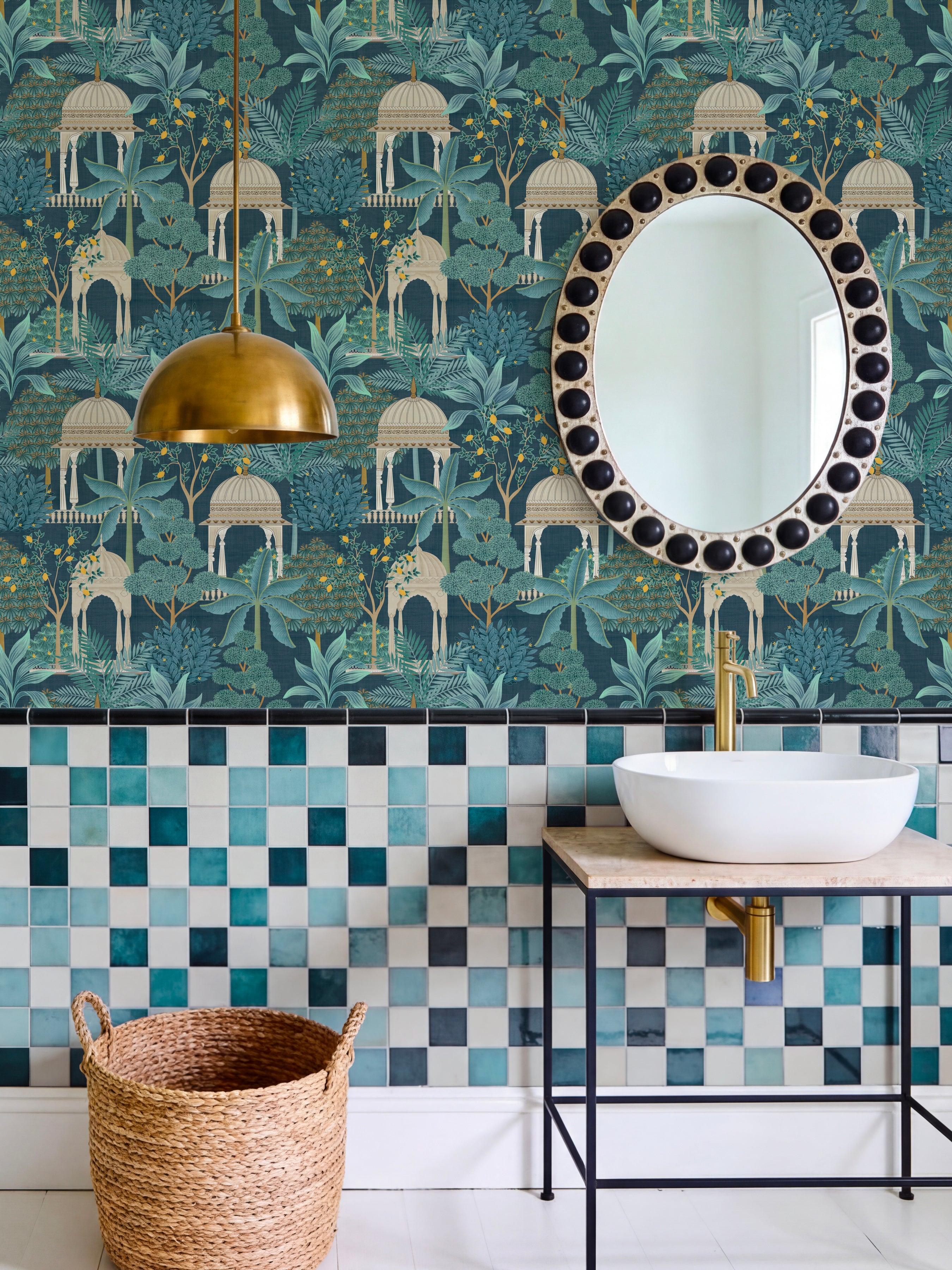 Exotic Pavilion Navy Wallpaper - Esselle Home