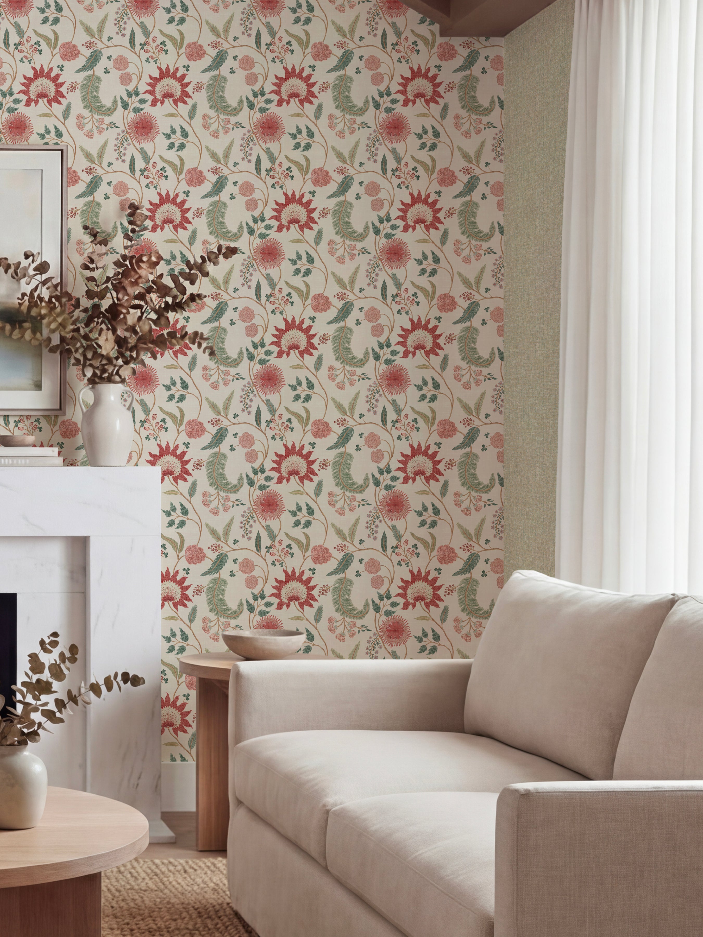 Fable Trail Linen/Raspberry/Green Wallpaper - Esselle Home