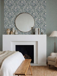 Floral Cartouche Slate Blue Wallpaper - Esselle Home
