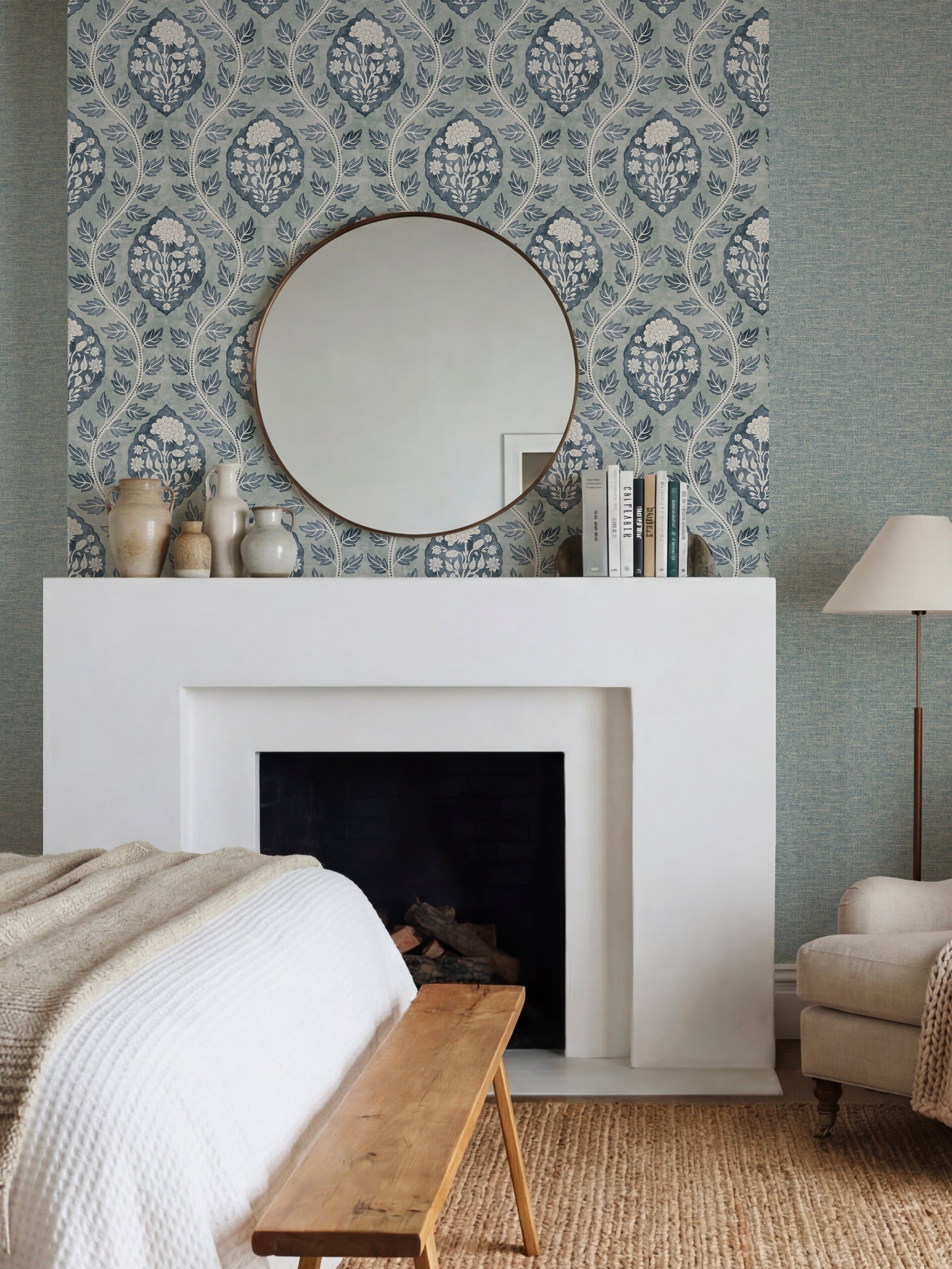 Floral Cartouche Slate Blue Wallpaper - Esselle Home