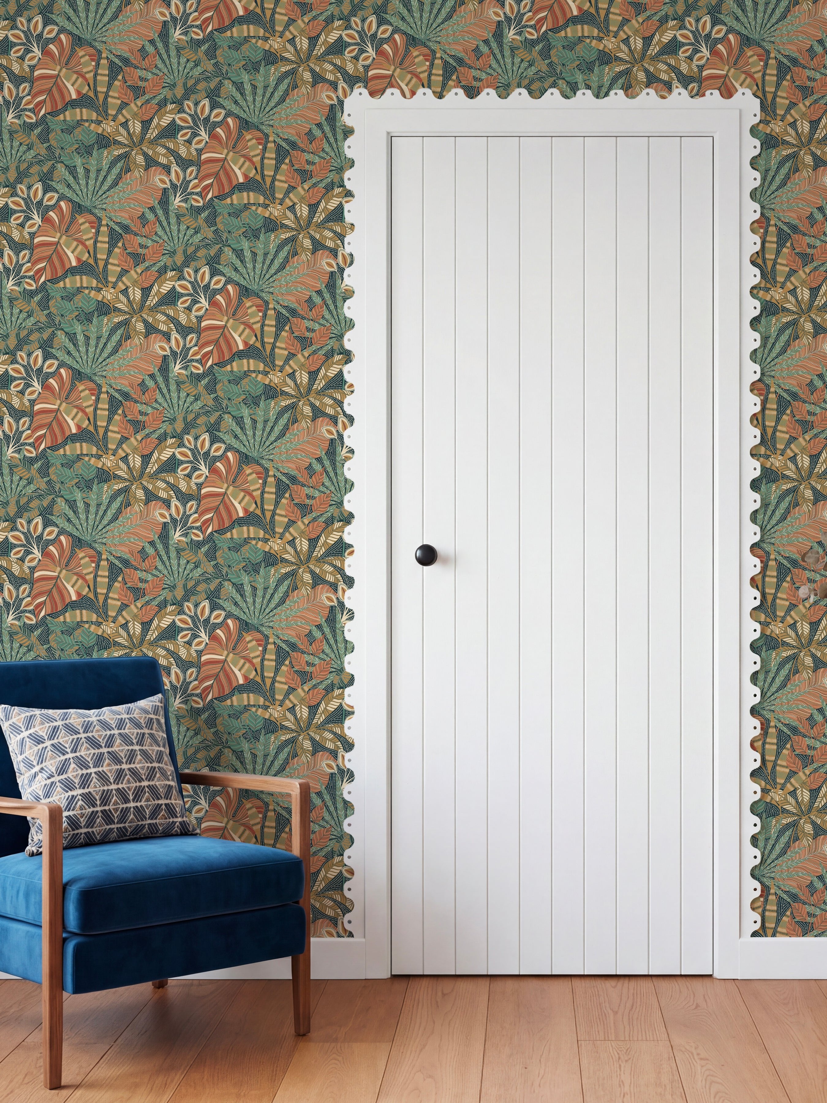 Kirra Leaf Navy/Spice Wallpaper - Esselle Home