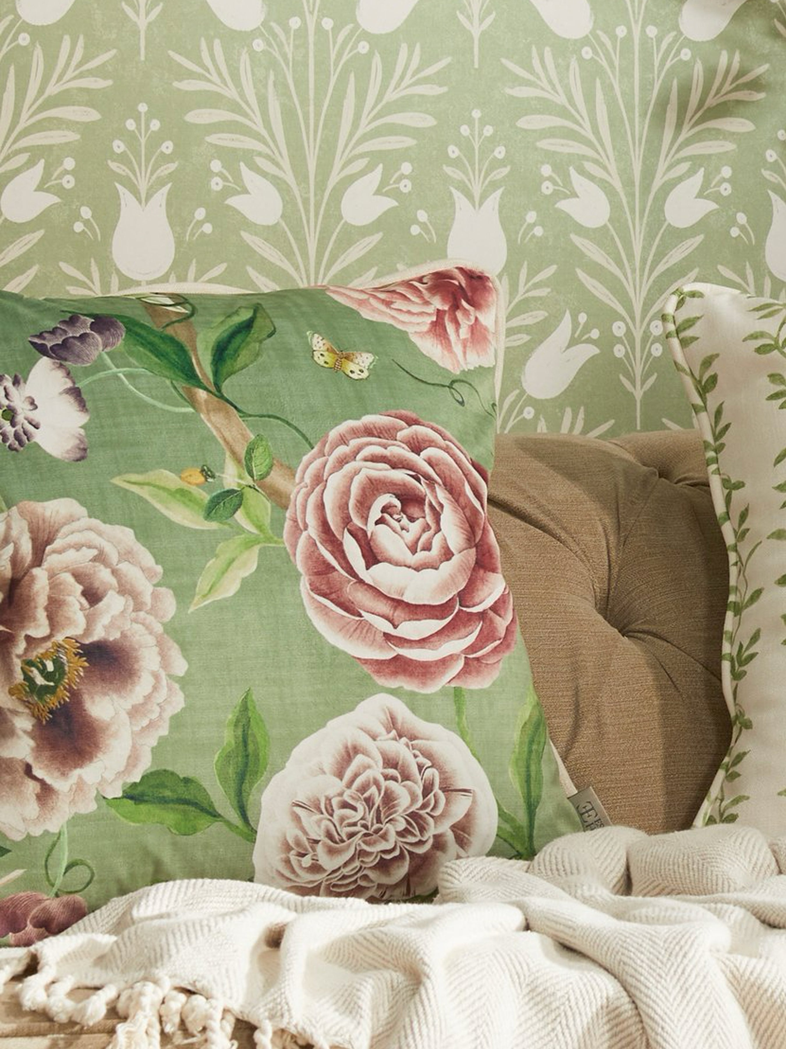 Chinoiserie Garden Spring Green Cushion - Esselle Home