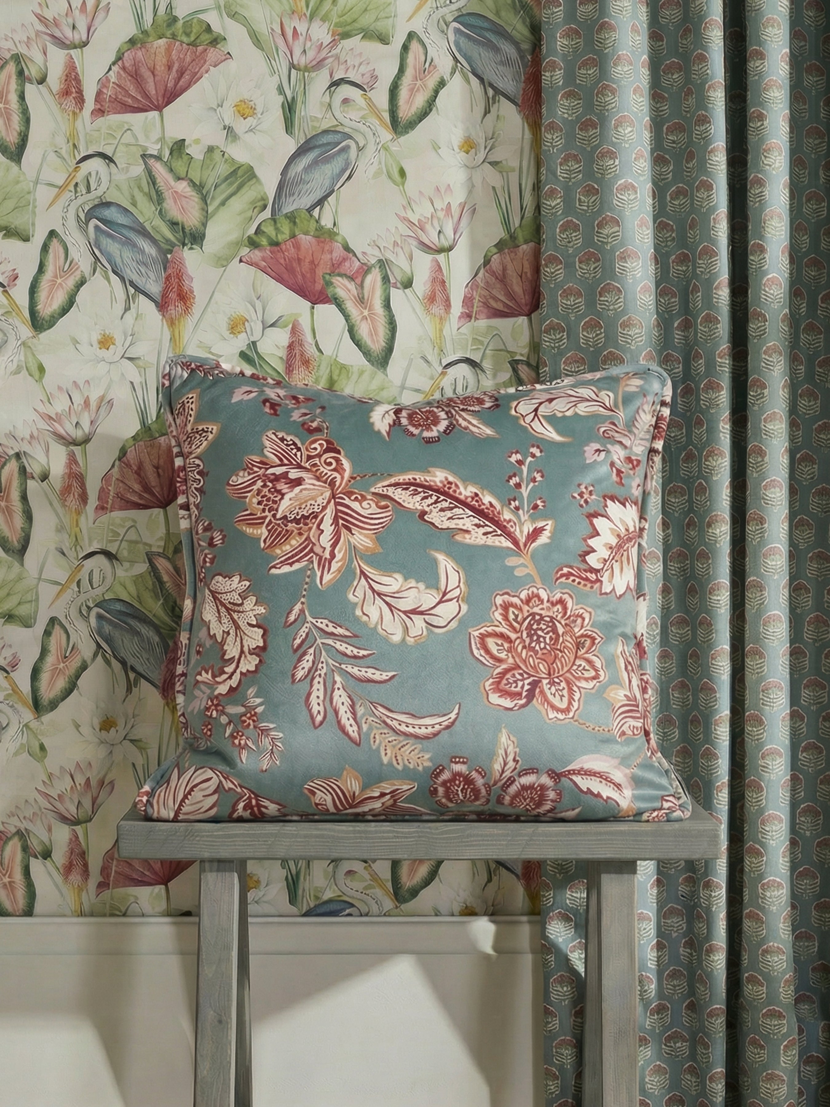 Kashmir Jacobean Teal/Raspberry Cushion - Esselle Home