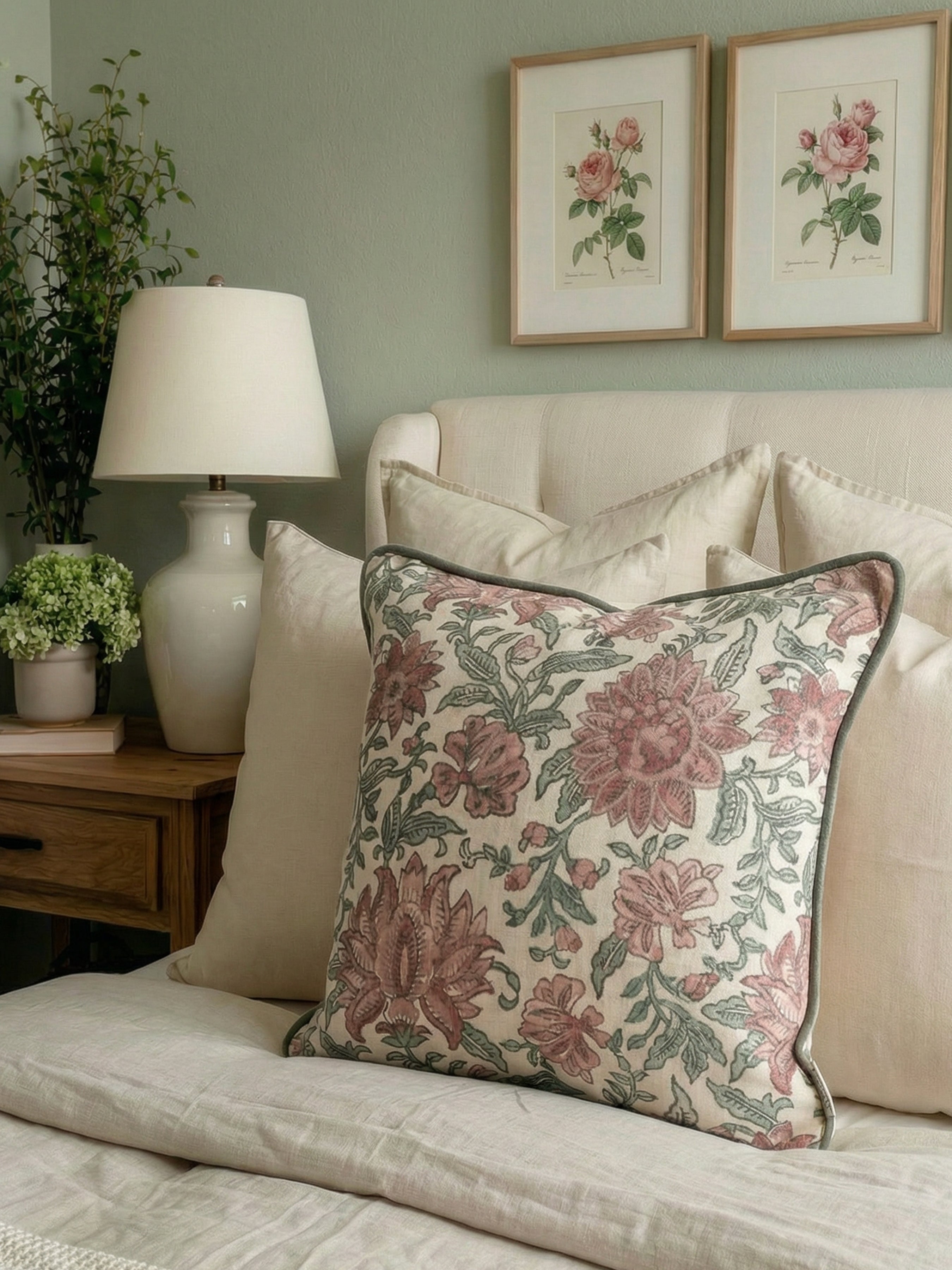 Nima Floral Rose/Sage Cushion - Esselle Home