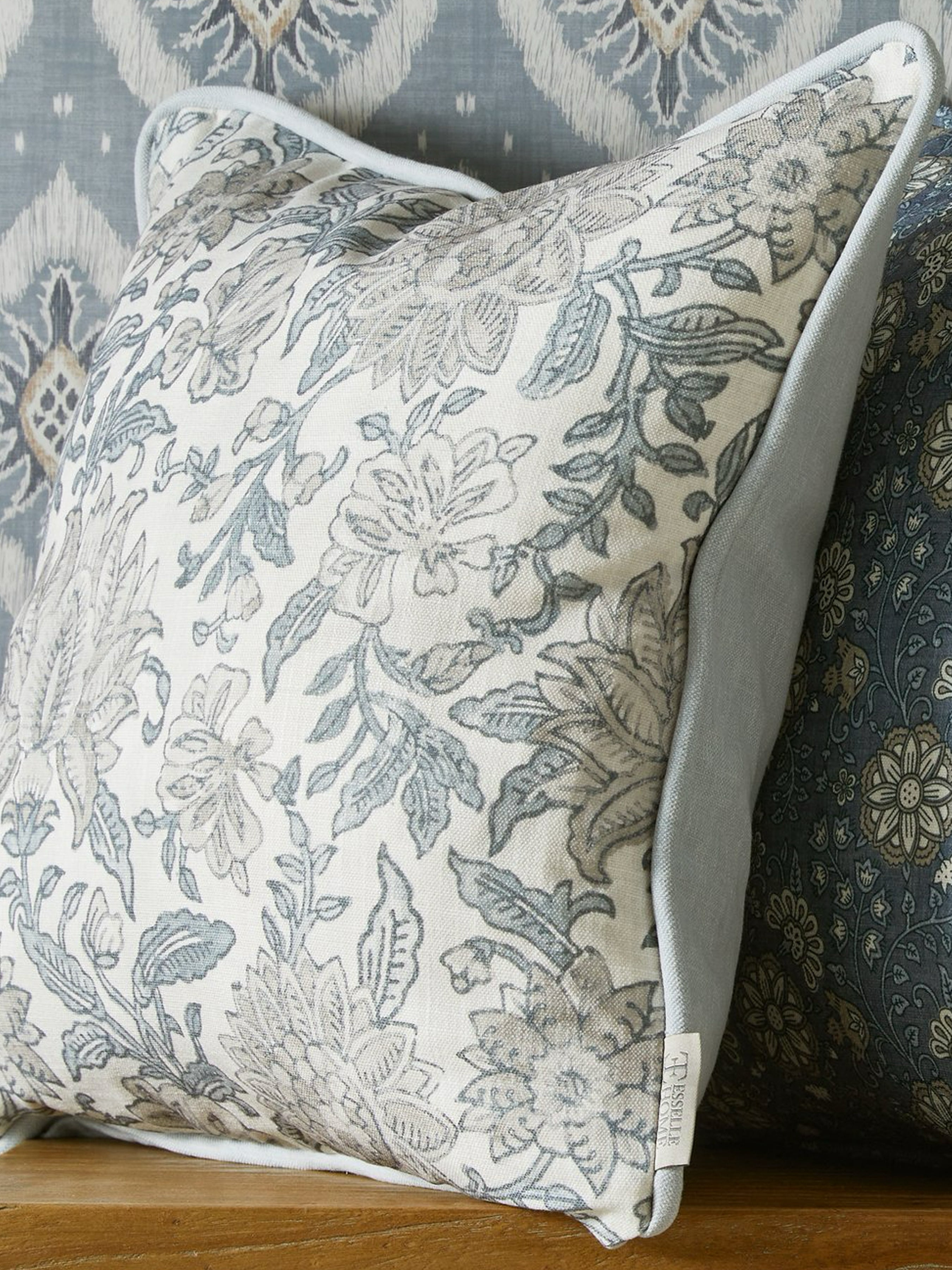 Nima Floral Taupe/Soft Blue Cushion - Esselle Home