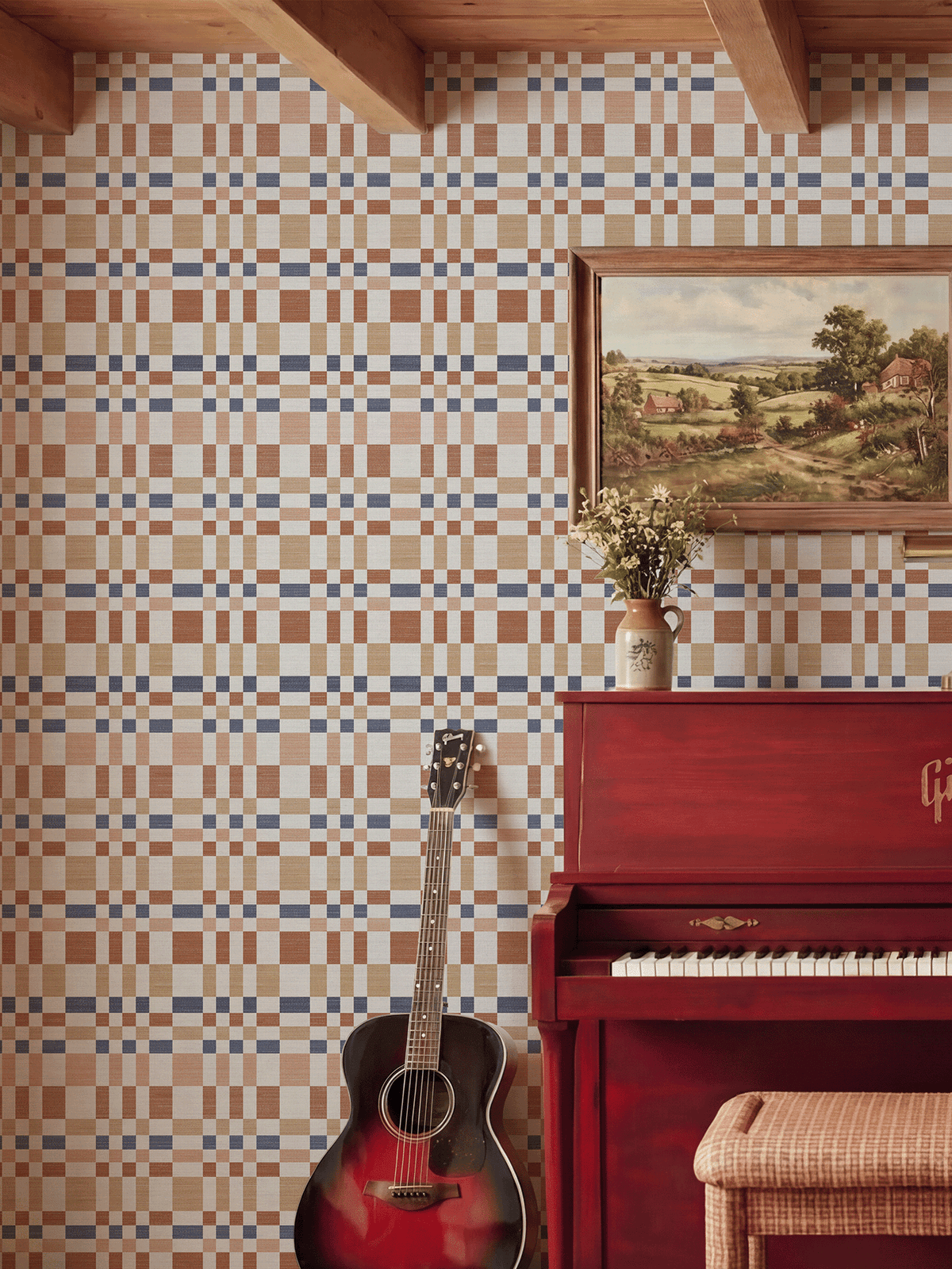 A La Mode mid-century geometric wallpaper in a living room