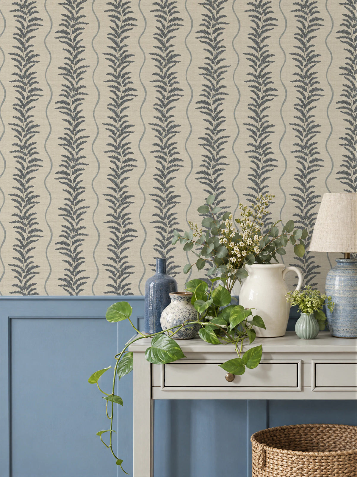 Fern Wave Blue & Beige Wallpaper