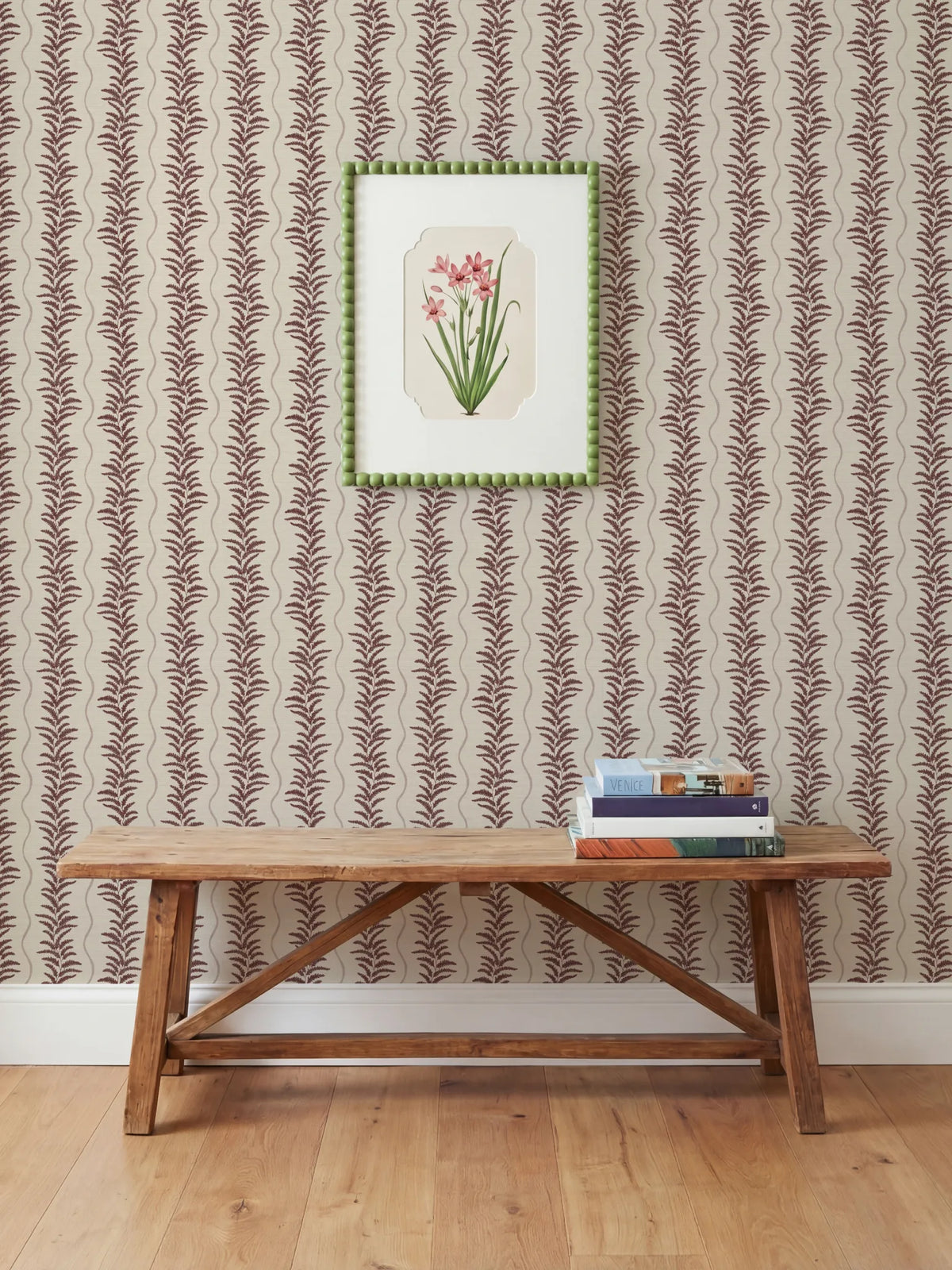 Fern Wave Burgundy & Beige Wallpaper - Esselle Home