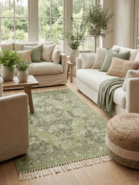 Kew Antique Printed 160x230cm Olive Rug with Tassel - Esselle Home