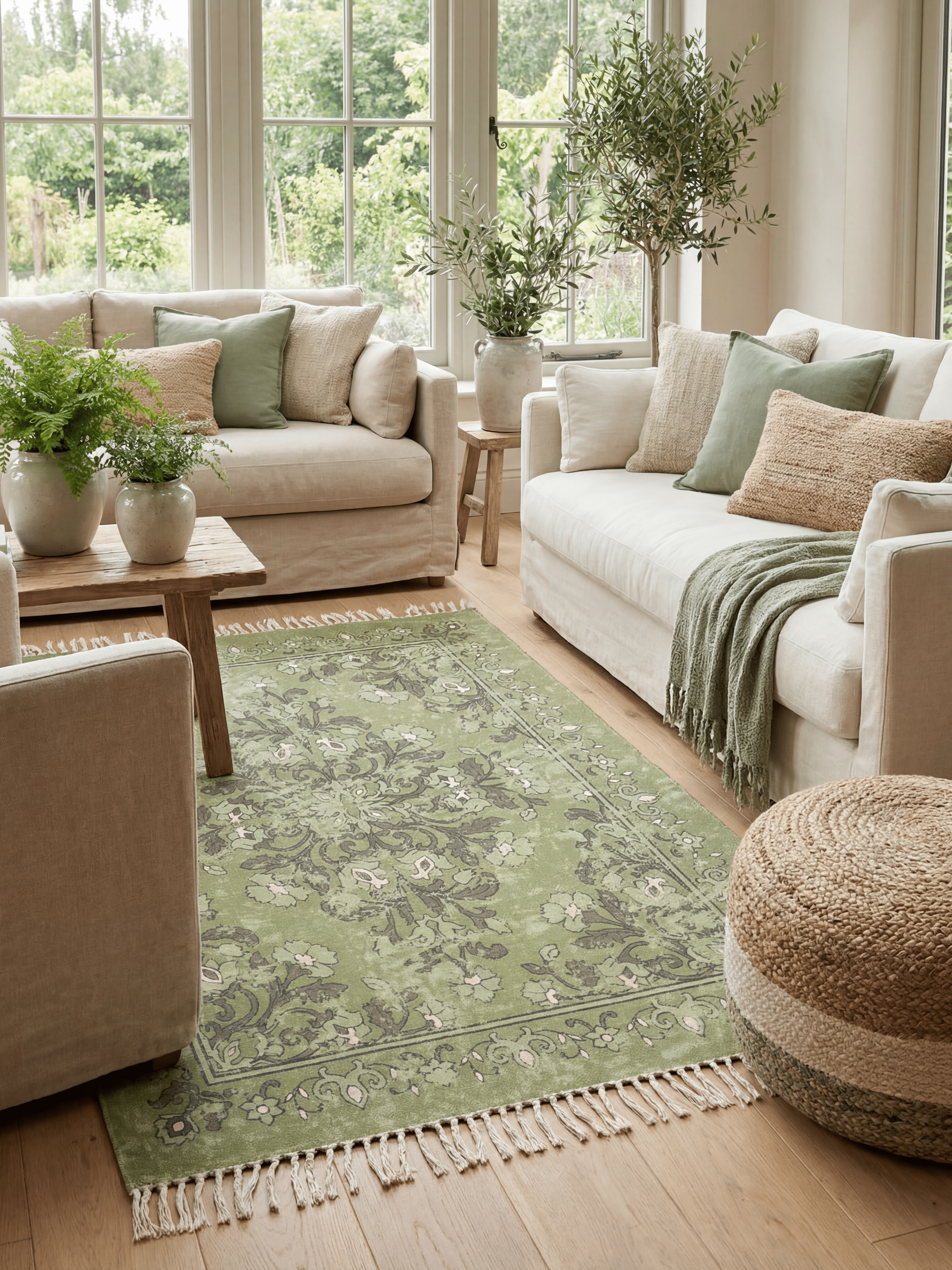Kew Antique Printed 160x230cm Olive Rug with Tassel - Esselle Home