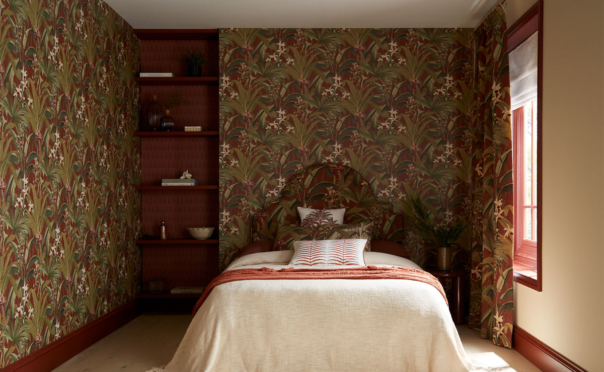 Exotic Islander tropical interior scheme in terracotta and palm print