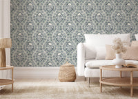 Floral Cartouche Slate Blue Wallpaper